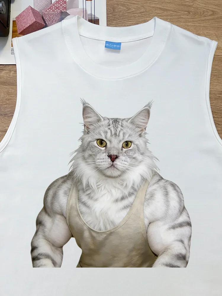 

Men's Cotton Fitness Tank Top Breathable Muscle Sportswear Cute Maine Coon Design Casual round Neck Print T-Shirt