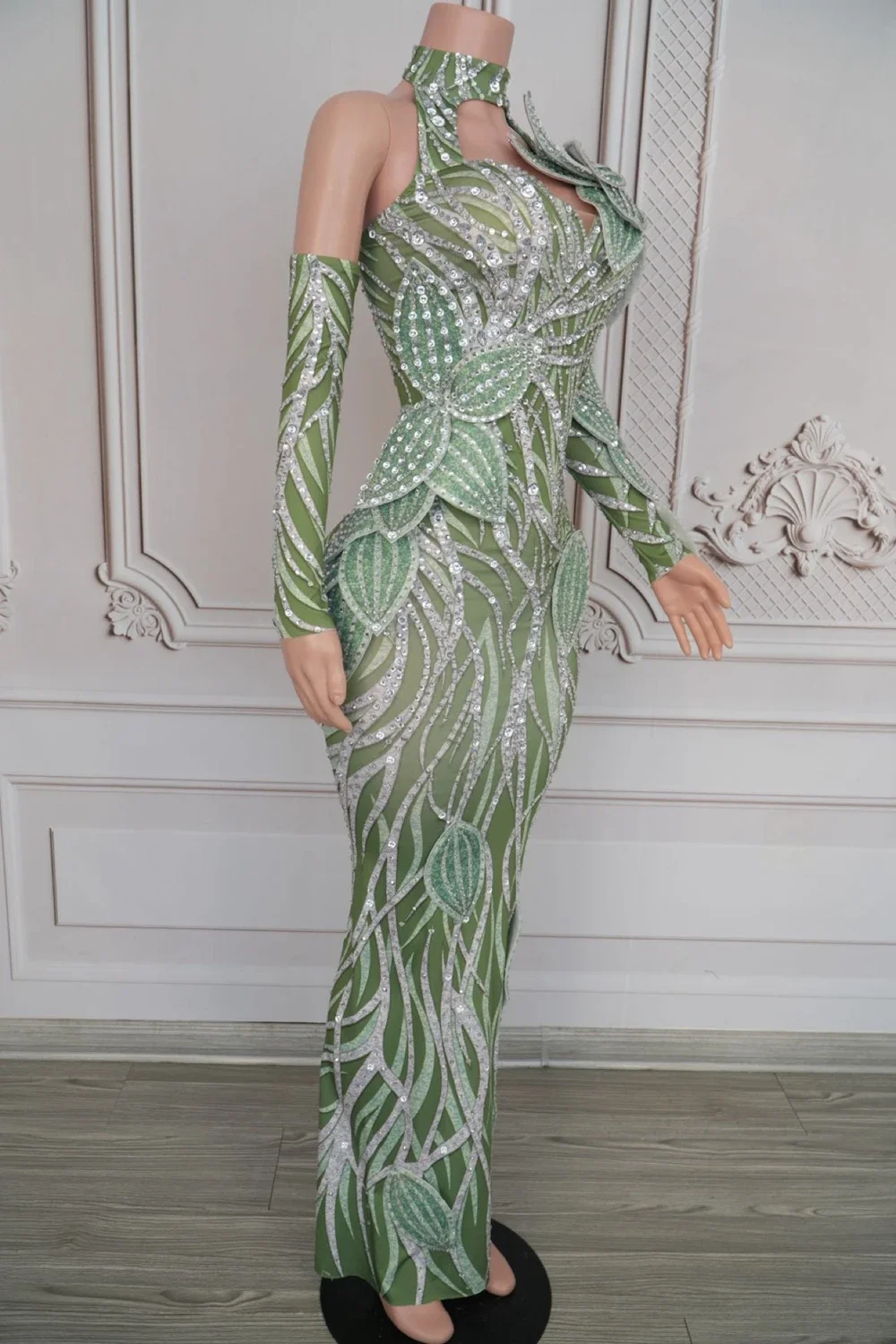 ชุดวันเกิด Rhinestone Leaf ชุดยาวถุงมือผู้หญิงเซ็กซี่ฉลองชุดราตรีนักร้องแสดงเวทีสวมใส่