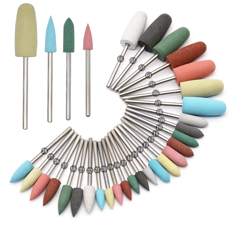 10/8pcs Dental Silicone Polishing Burs 28 Sizes Rubber Teeth Grinders Nail Drill Bits for Electric Manicure Diamond Polisher