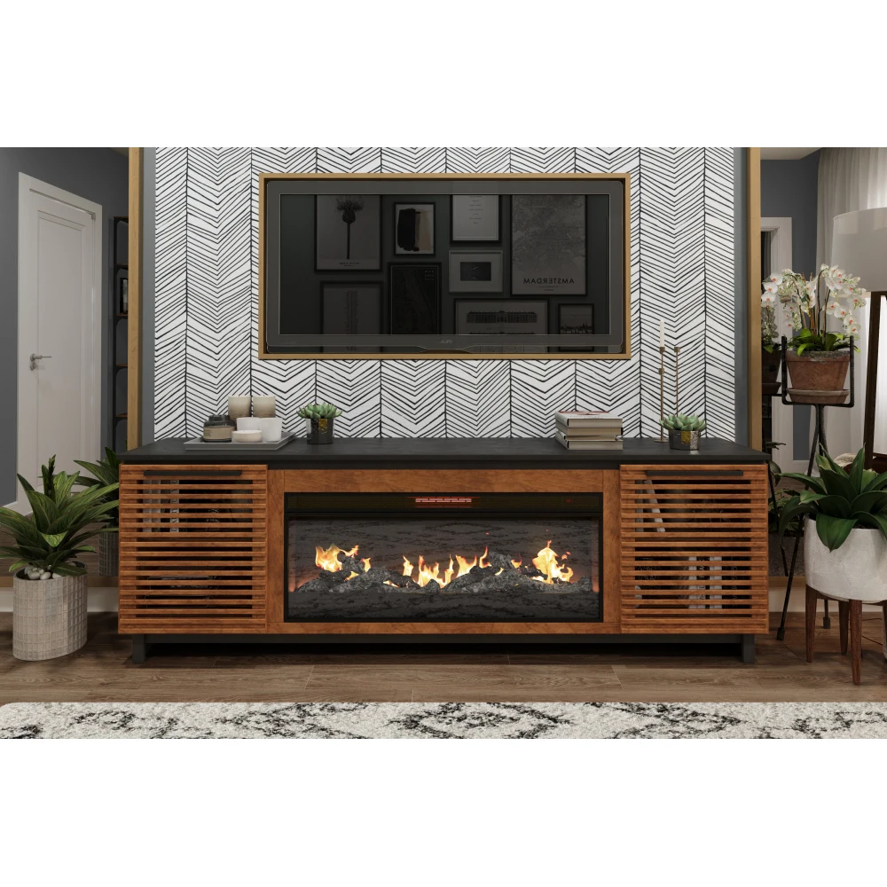 Home Graceland 86 Inch Fireplace TV Stand Console for TVs Up To 100 Inches, Minimal Assembly, Black with Bourbon Finish