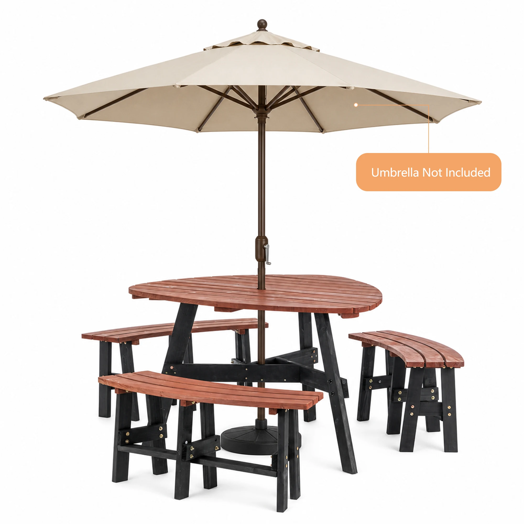 6-Person Semi-Circular Outdoor Solid Fir Wood Picnic Table Set Rustic Brown Tabletop Black Legs Attached Benches Central Umbrella Hole Patio Garden