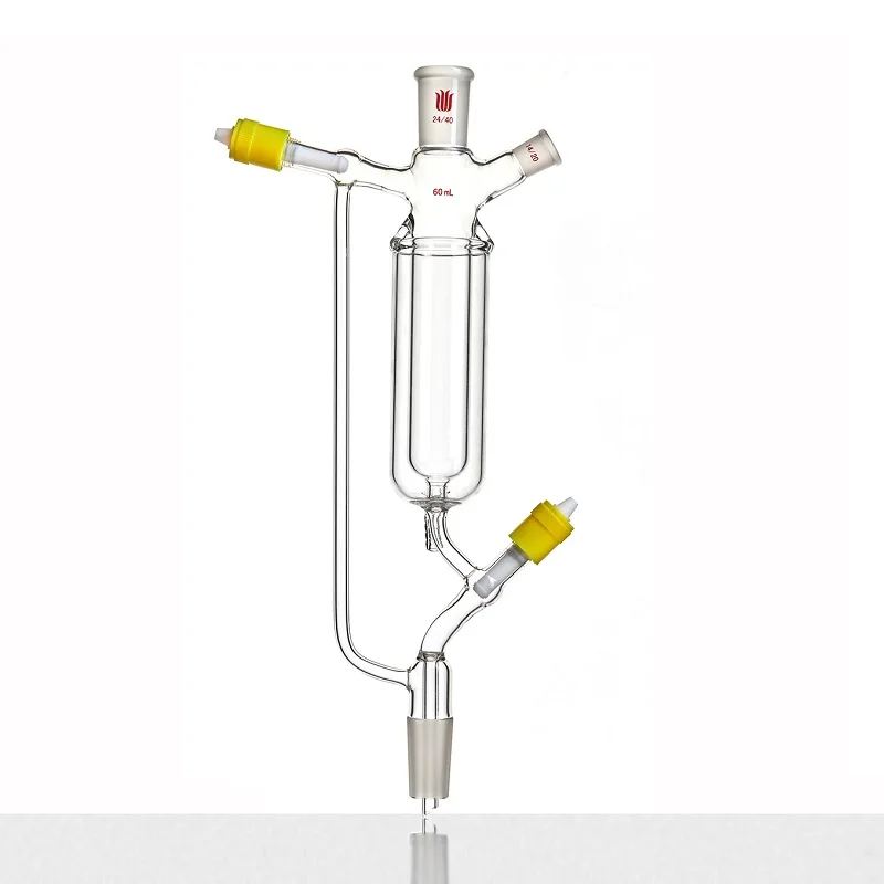 

SYNTHWARE Cooling funnel with 8mm new high vacuum PTFE valve, Upper joint 24/40, Side joint 14/20, Borosilicate glass, F64