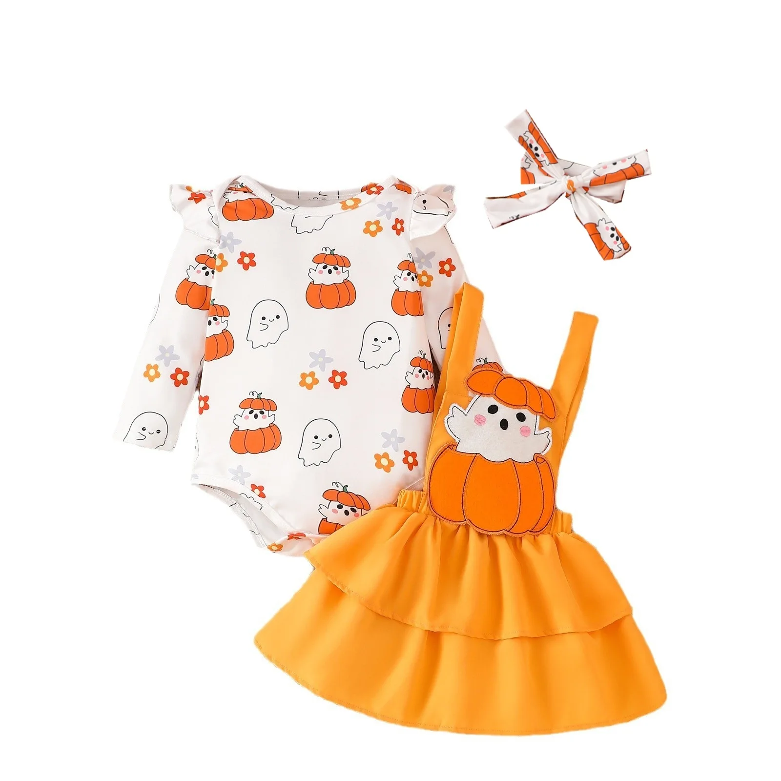 

MINISO Halloween Pumpkin Ghost Baby Girl Outfit Long Sleeve Romper Cartoon Strap Dress Set Soft Warm Costume Kawaii 1-3 Years