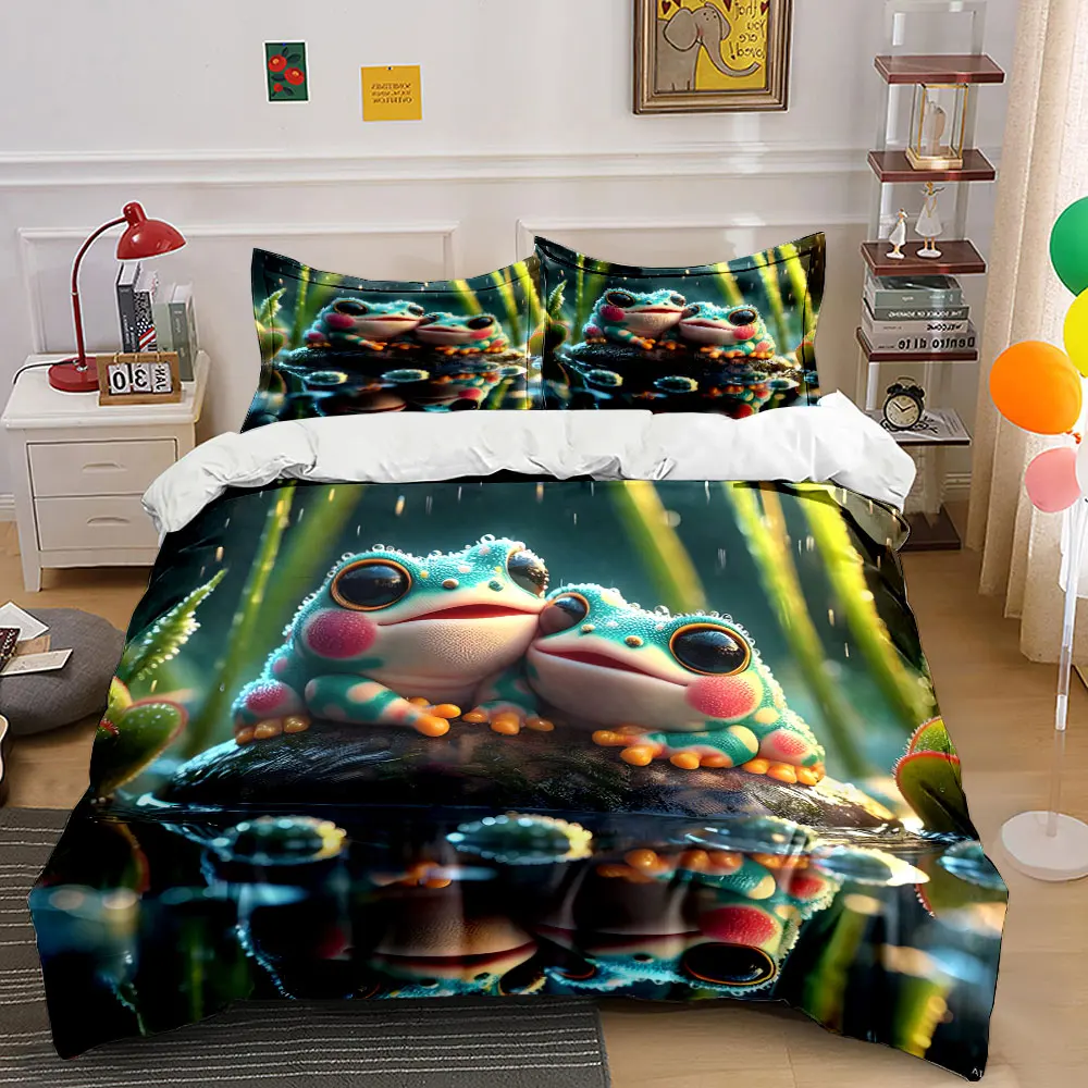 Colorful frogs cuddling together Bedding Set for Kids Luxury Gift 3pcs Digital Print Comforter Set Soft Comfortable Breathable