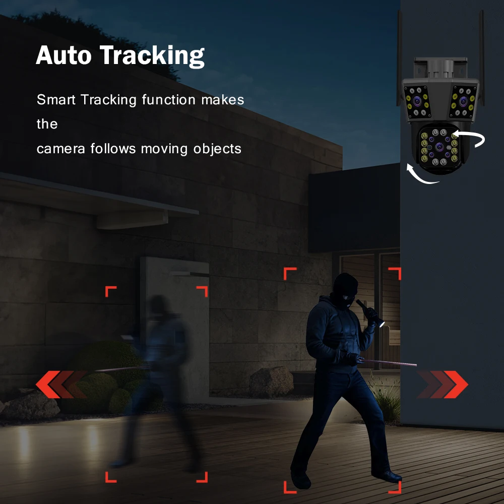 12MP 6K WIFI IP Câmera externa com rastreamento de movimento PTZ 4K Câmera de vídeo com três lentes e três telas Sistema de segurança à prova d'água