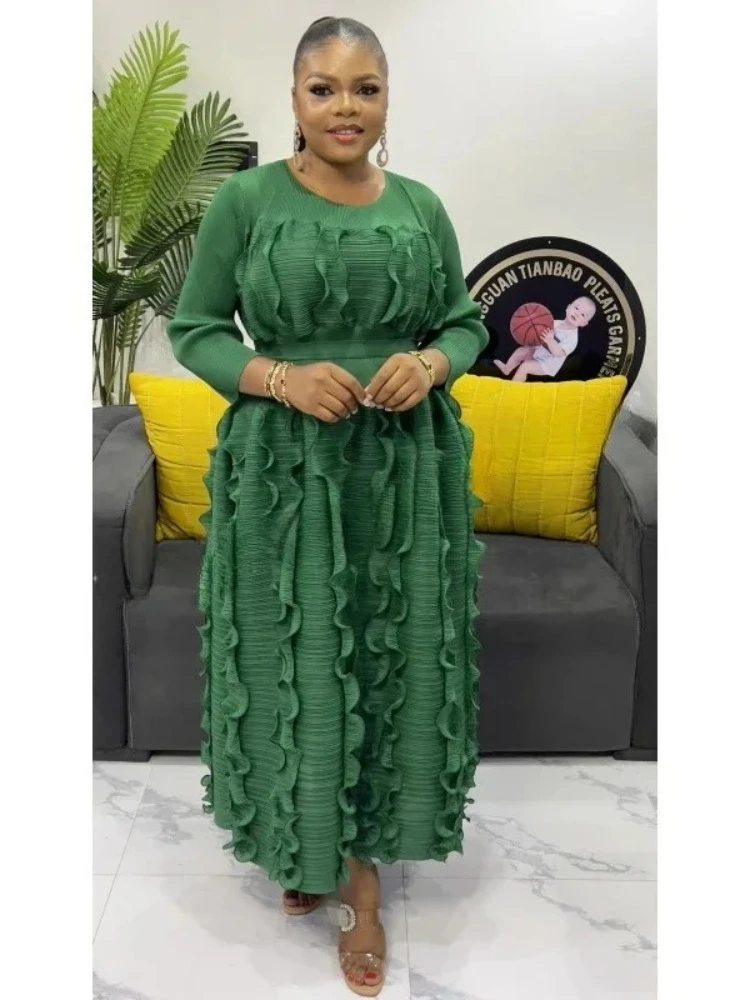 

Pleated Dress Women's 2025 New Solid Color Dense Edge Lace-up Round Neck Long-sleeved Large Size Mid-length Skirt Hot Sales