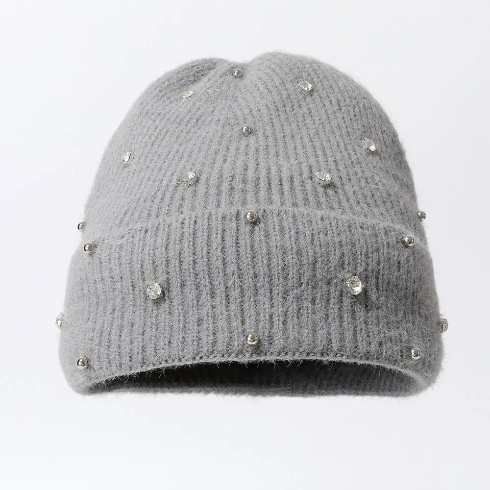 NEW Casual Rhinestone Beads Knitted Hat Thickened Keep Warm Warm Bonnet Beaanies Solid colors Pullover Yarn Hat Autumn Winter