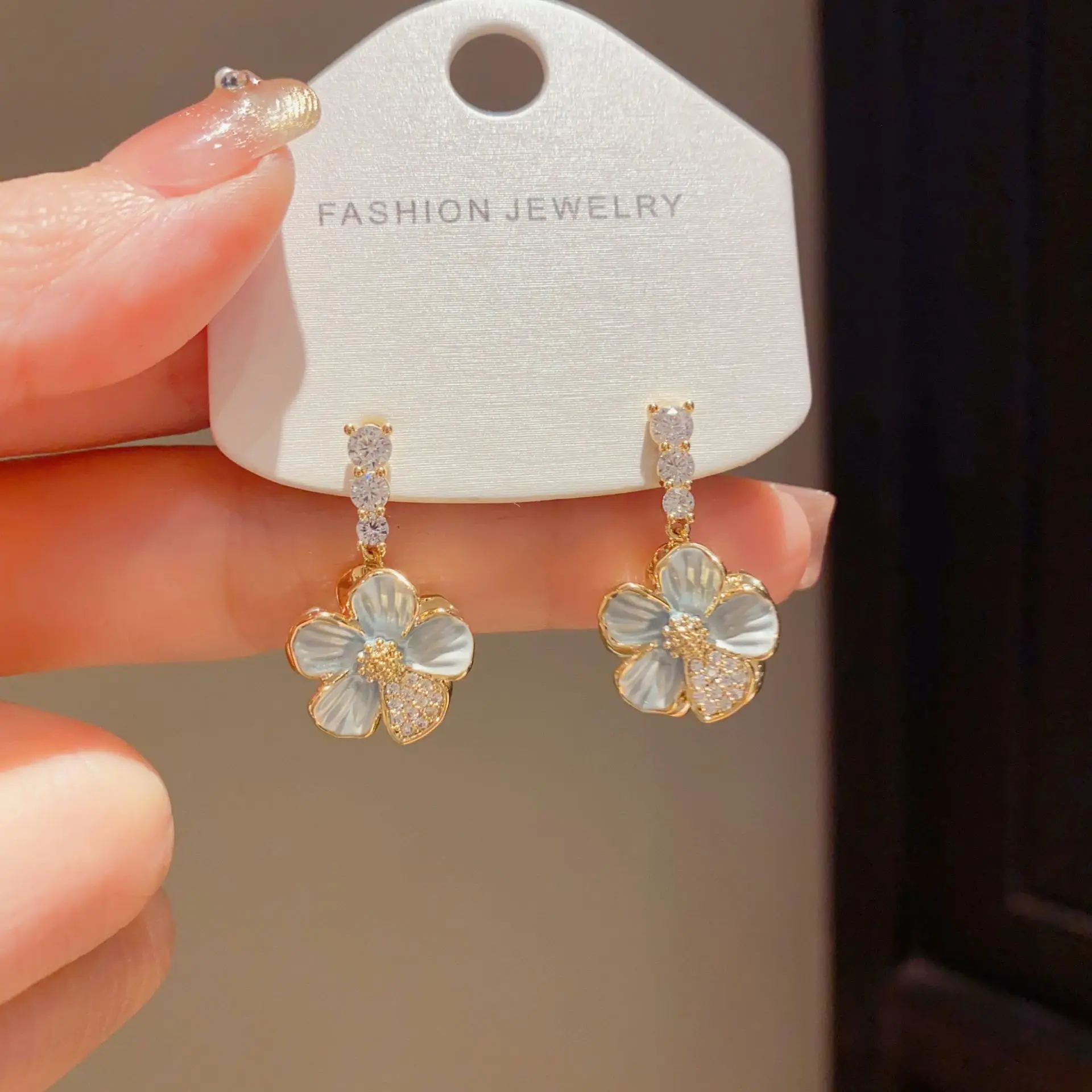 Summer New Zircon Double-sided Thin Enamel Flower Drop Earrings For Women Luxury Sweet Versatile Design Sense Ear Jewelry