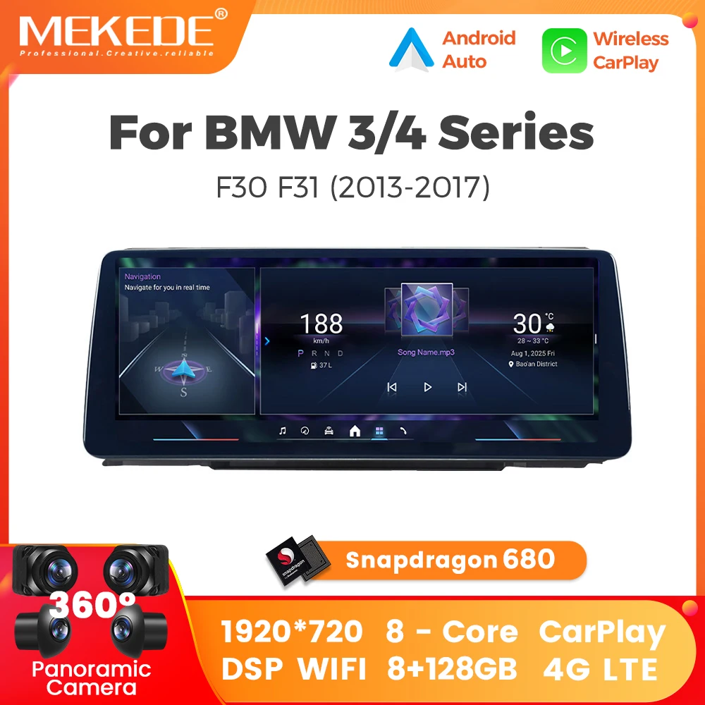 MEKEDE Snapdragon 680 Autoradio sans fil CarPlay Android Auto pour BMW Série 3 4 F30 F31 F32 F33 F34 F36 Lecteur multimédia de navigation GPS Android WiFi DSP RDS BT SWC Écran tactile QLED Autoradio Lecteur vidéo Unité principale Stéréo Systèmes intelligents