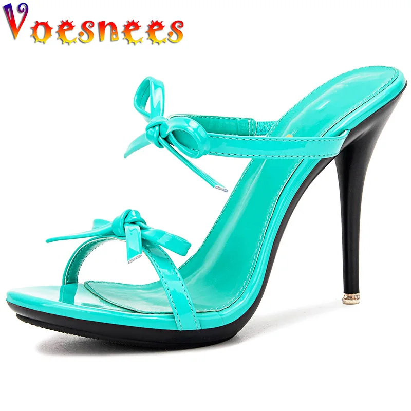 

Rome Style Sexy Slippers 2022 New Female Thin High Heel Bowknot Shoes Summer Dress Shallow Mouth Women Slides Sandals Lake Blue