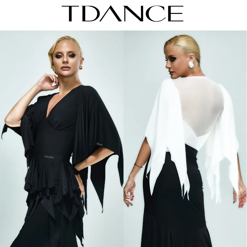 Abito da pratica moderno TDANCE personalizzato [mono con maniche volanti con scollo a V] Giunzione con cuscino sul petto per la classe femminile JM-155