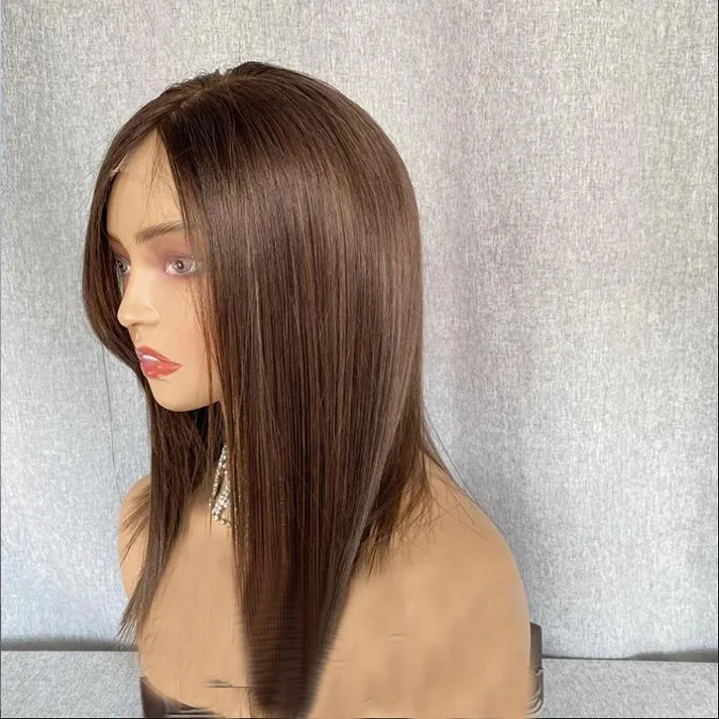 Long Soft 24inch Brown Straight 5x5 Silk Base Glueless Jewish Human Hair Wig With Baby Hair HD Lace European Hair Preplucked