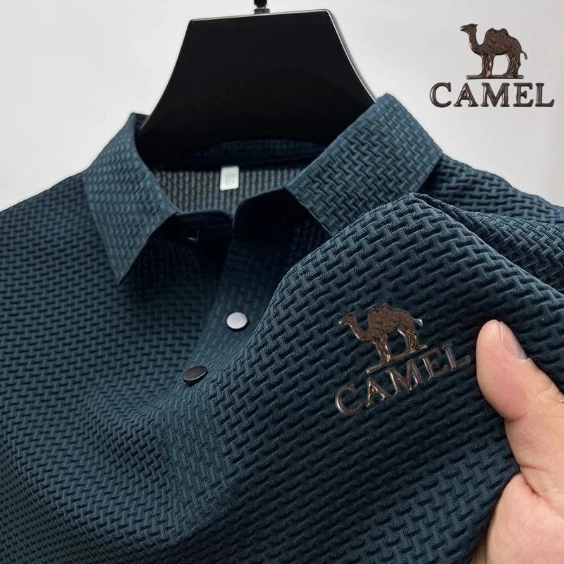 2024 Camel Authentic Badge Summer Men's Short sleeved Polo Shirt with Nylon and Ammonia Blended Simple Solid Color Flower Bone T