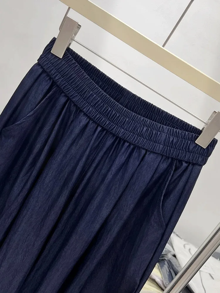 Design Lace Patchwork Baggy Jeans Women's Jeans Wide Leg Pants Elastic High Waist Summer Straight Trouser Blue Denim Long Pants