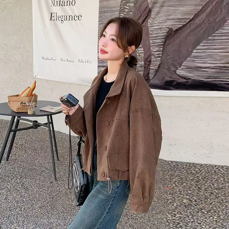 

Corduroy Stand-Up Collar Jacket Women Spring Autumn 2024 New American Loose Casual Versatile Workwear Long-Sleeved Top