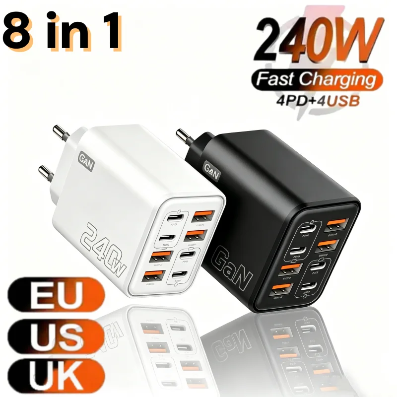 240W GaN USB-C-Ladegerät 8-in-1 Schnellladegerät für iPhone, Samsung, Xiaomi, Typ-C, EU/US-Stecker, Wandladegerät