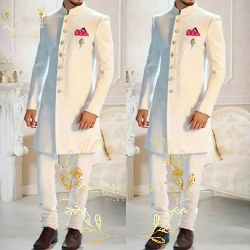 

Fashion Design White Stand Collar Single Breasted Ethnic Indian Tuxedo Groom Long Suits For Men Wedding Formal Slim Fit Wear 2Pc