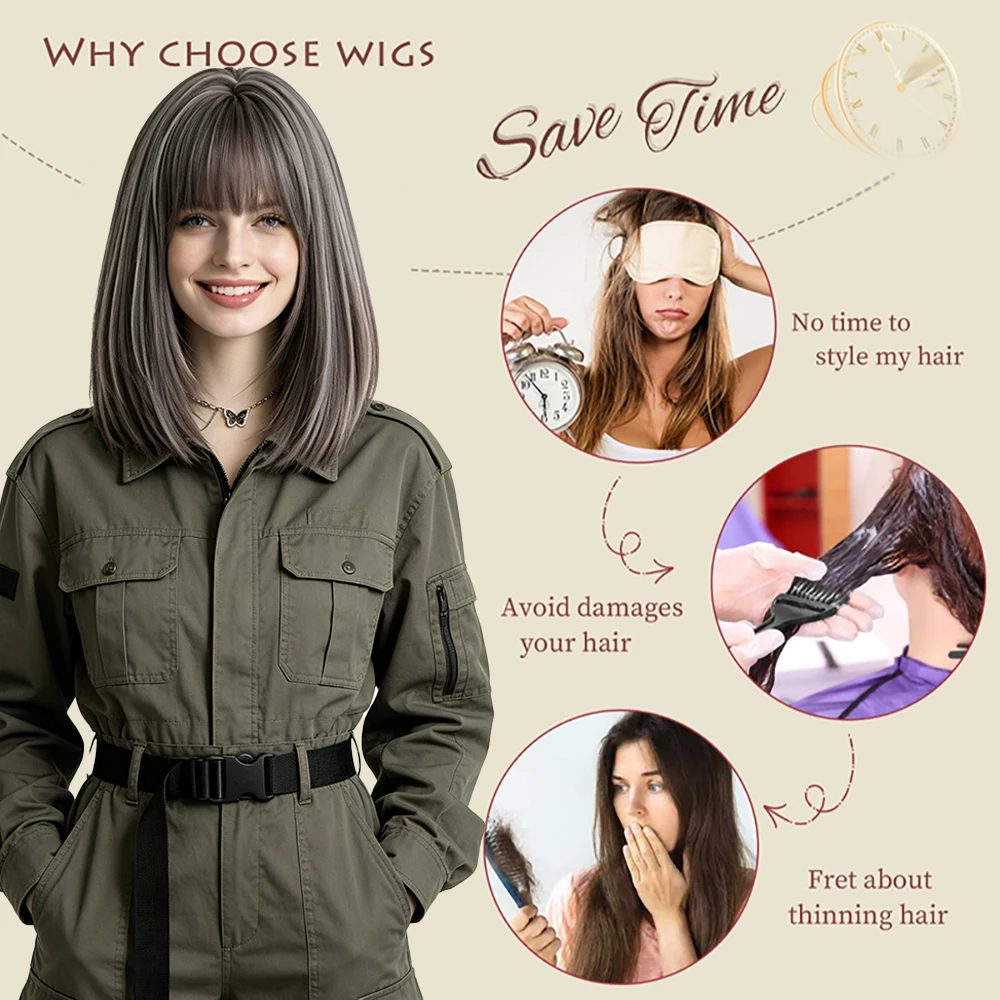 Fashion Straight Bob Wig For Asian Women Ash Gray Synthetic Hair With Bangs Versatile Wig For Daily Date Party Anime Cosplay Use