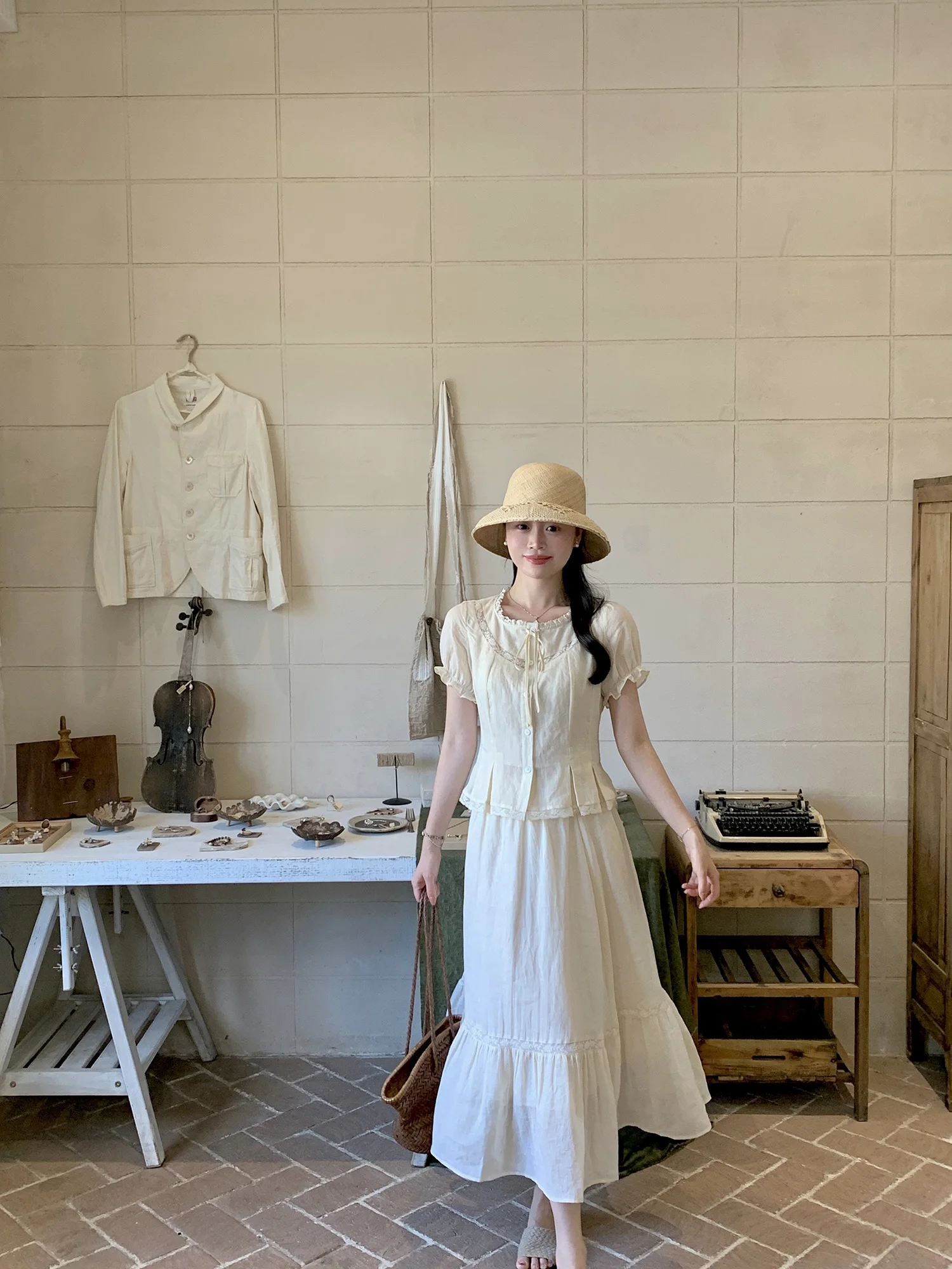 

Wang Han Yan Ретро Нежный льняной комплект с тяжелой вышивкой и юбкой Женский комплект из двух предметов Летний повседневный комплект