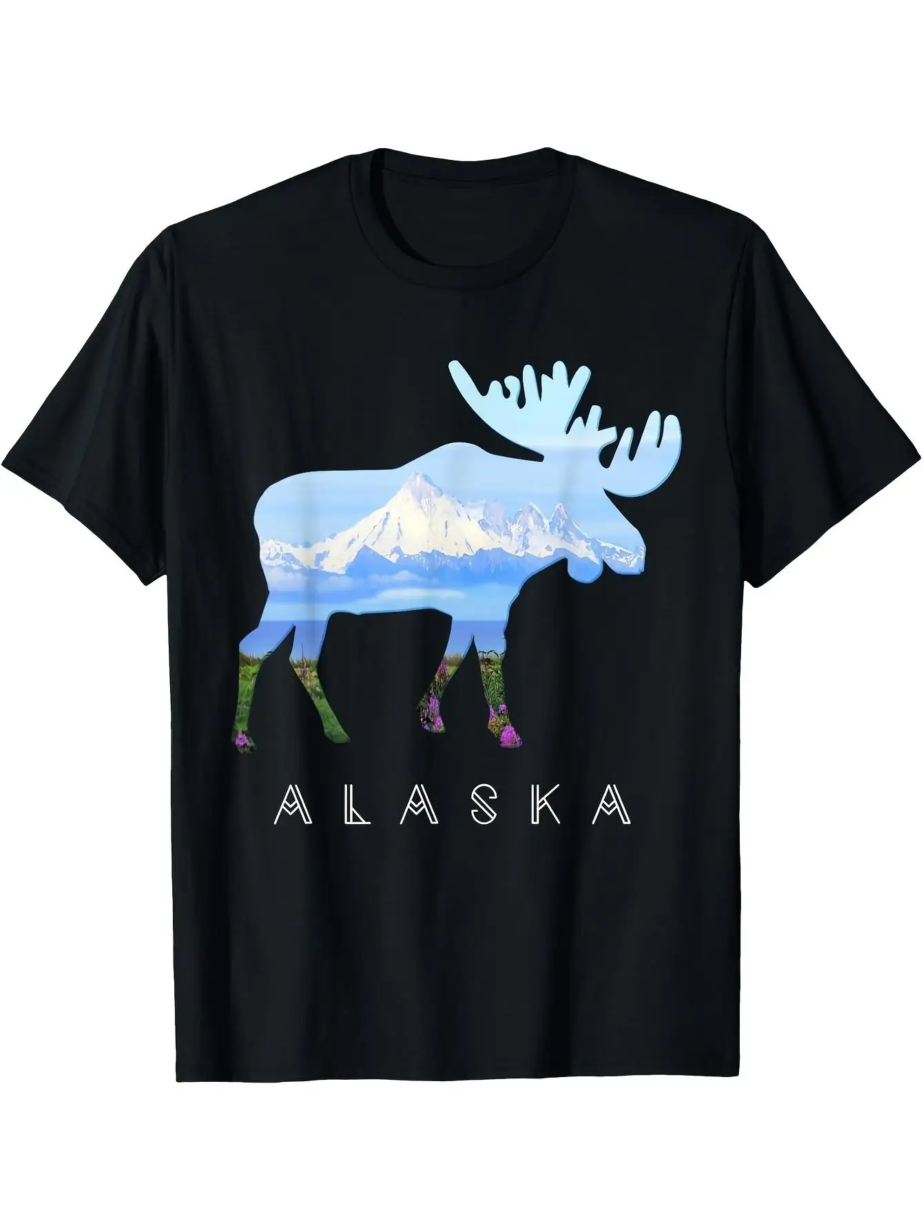 Alaskan Moose with Mountain & Flowers Souvenir T Shirt T ShirtSame Style for Men and Women 2025 Summer Short-sleeved Printed T-shirt Pure G
