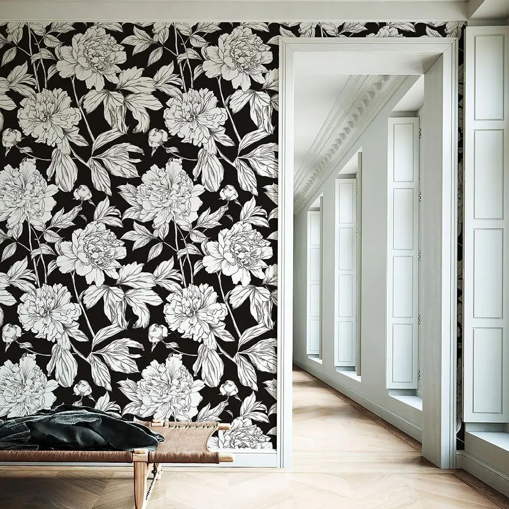Vintage White Floral Peel and Stick Wallpaper Boho Black Samoprzylepna tapeta zdejmowalna do dekoracji ścian sypialni