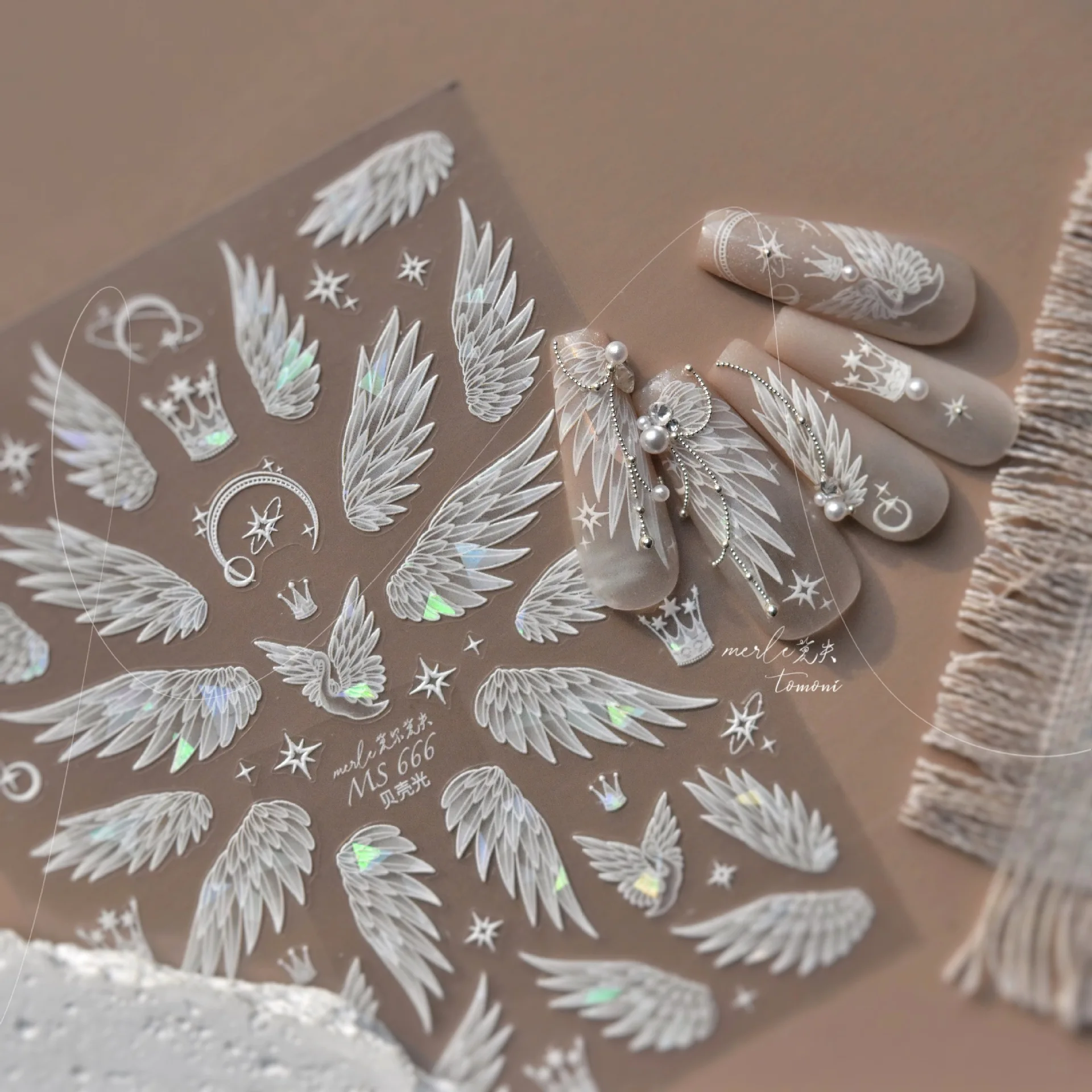 Angel Wings White Gold  English Letter 5D Nail Art Sticker Demon Devil Dreamy Feather Phoenix Pearl Self Adhesive Manicure Decal