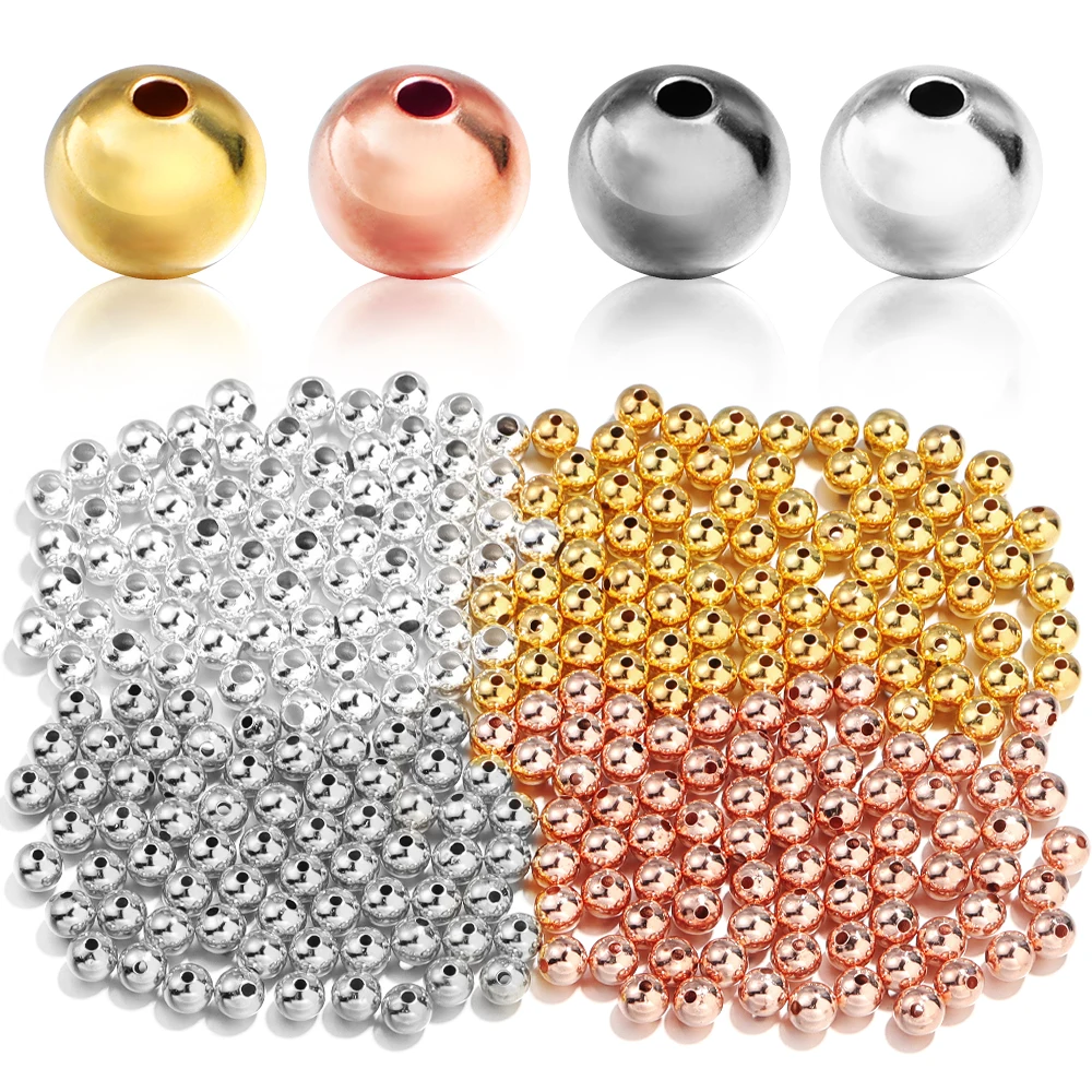 

SAUVOO 50/100pcs Copper Glossy Beads 3/4/5/6/8mm Gold Silver Plated Round Spacer Loose Bead For Jewelry Bracelet Necklace Making