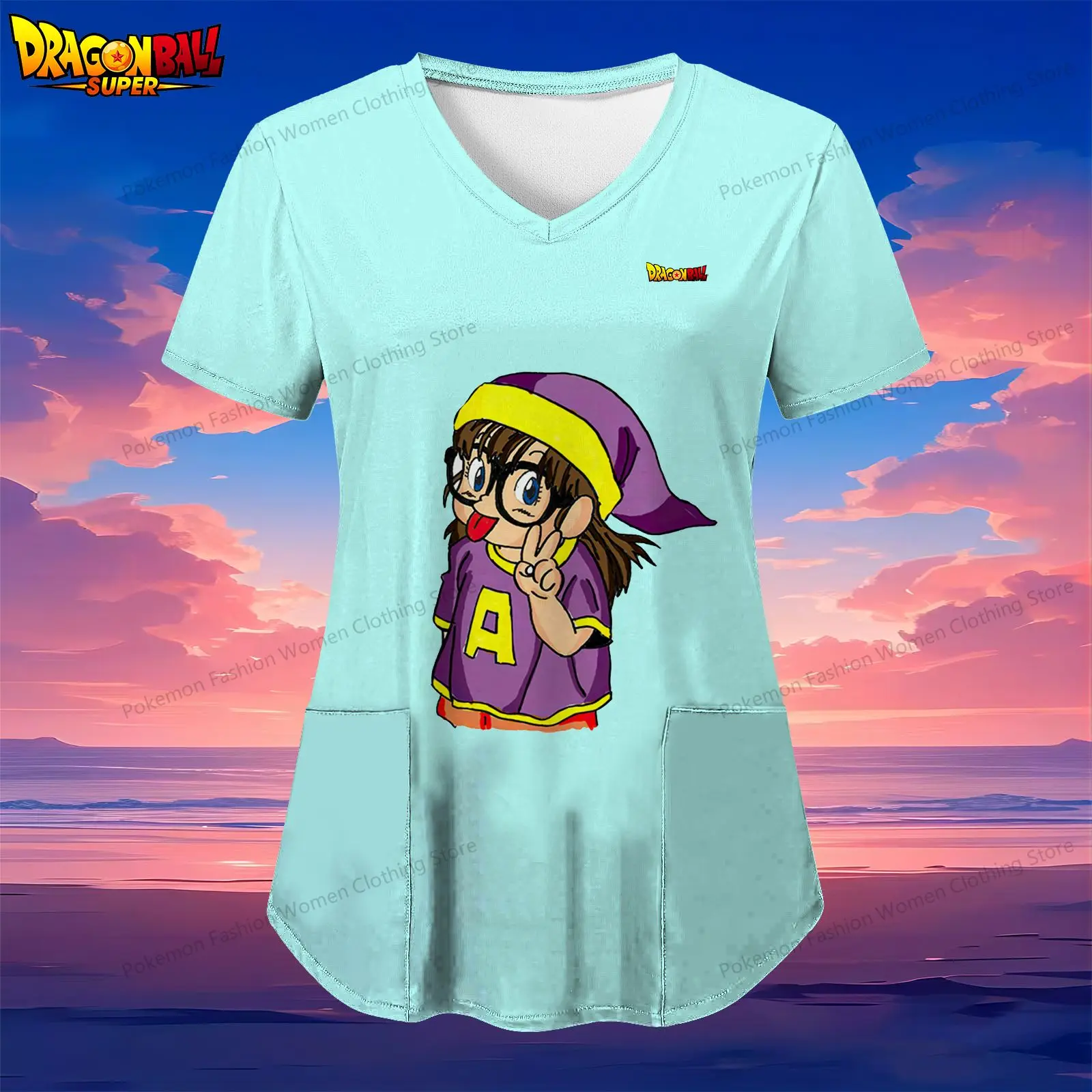 Dragon Ball Kakarotto Pocket Women's V Neck Nurse Uniform T-Shirt Woman Clothing Anime Kawaii 2024 Summer Clothes Tops S-2XL Y2k image 3