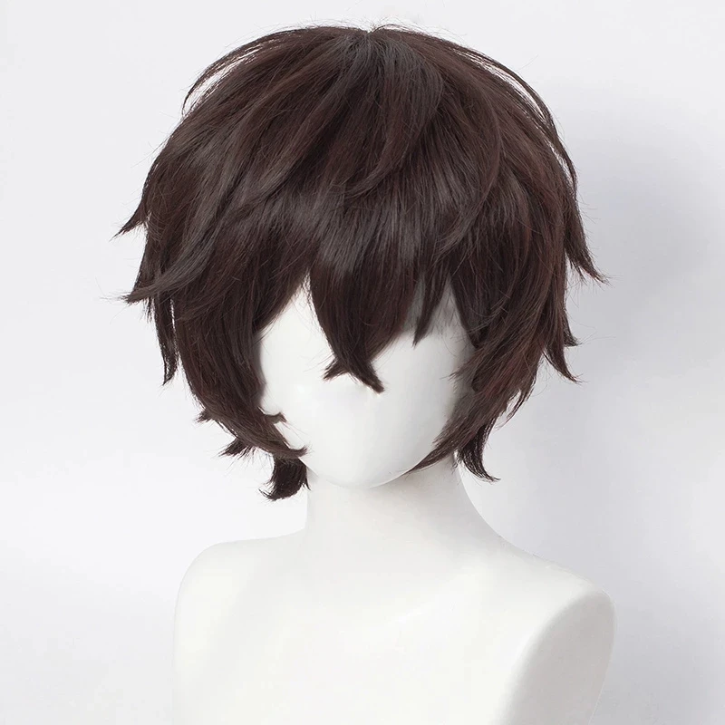 Anime Bungo Stray Dogs Cosplay Dazai Osamu Parrucca Corta Marrone Capelli Ricci Resistente Al Calore Capelli Sintetici Parrucche di Halloween + Protezione Della Parrucca