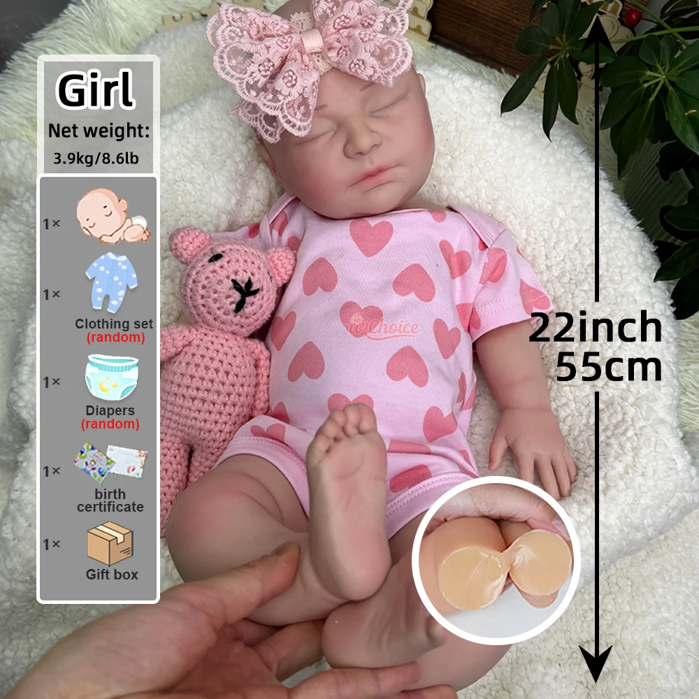 22 "มือวาดซิลิโคน Reborn ตุ๊กตาเด็กทารกเหมือนจริง Full Body Platinum ทารกแรกเกิด Bebe สาวสําหรับสะสมของขวัญและงานศิลปะ DIY