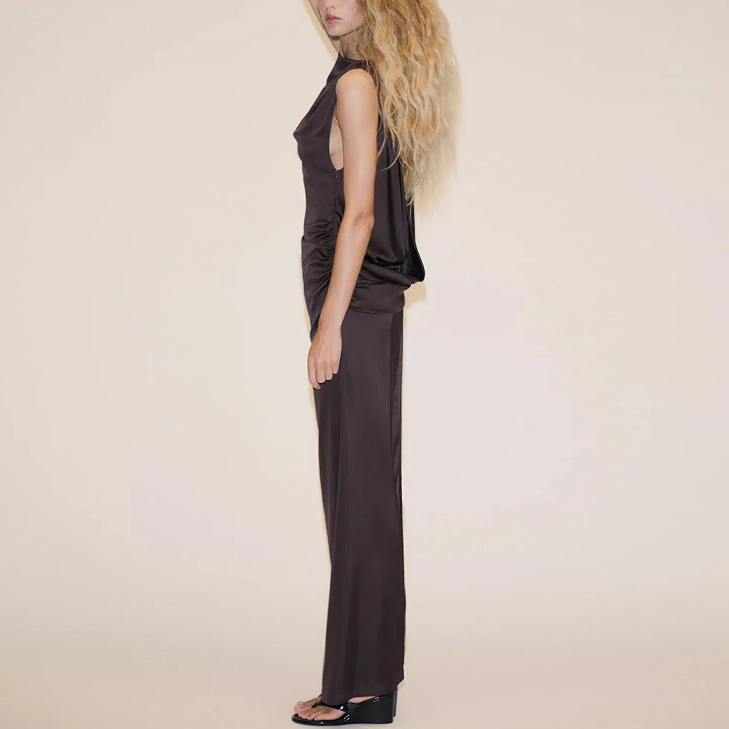 Summer 2025 New Women's Long Silk Satin Bal Dr Casual One oulder Gown Polyester Fiber Daily Wear Z Dr