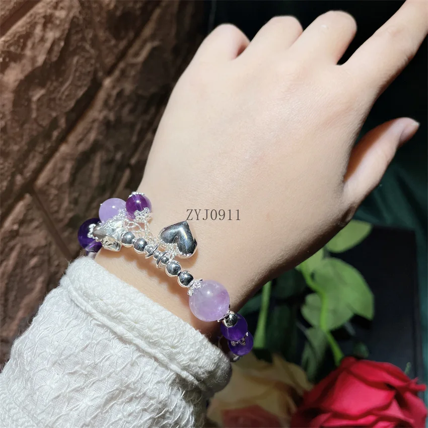 민족 구슬 925 스털링 실버 여성 팔찌 쥬얼리 레트로 자수정 술 심장 매력 팔찌 새해 선물