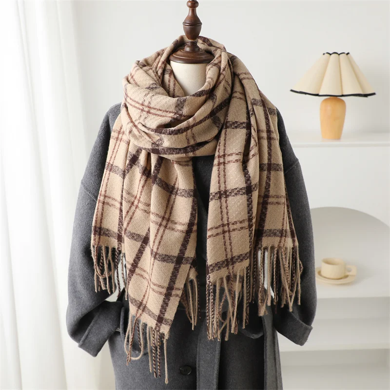 Unisex Vintage Style Cashmere Like Thick Warm Shawl Wrap Winter Plaid Tassel Blanket Scarf Women Neckerchief Pashmina Poncho