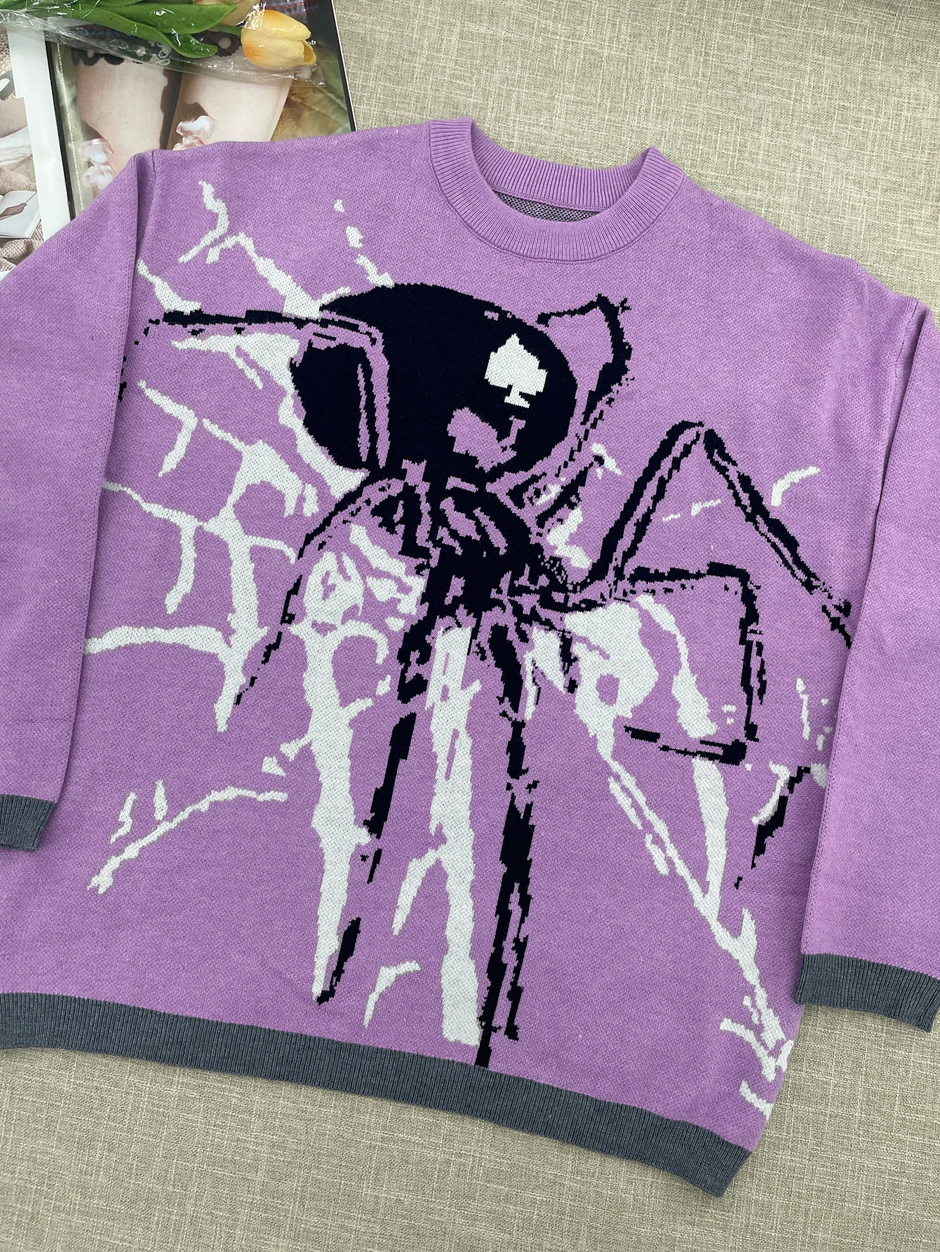 Spider Print Sweater Women Goth Grunge Vintage Jumper Streetwear Oversize Pullover Y2k Harajuku Hip Hop Mens Clothing