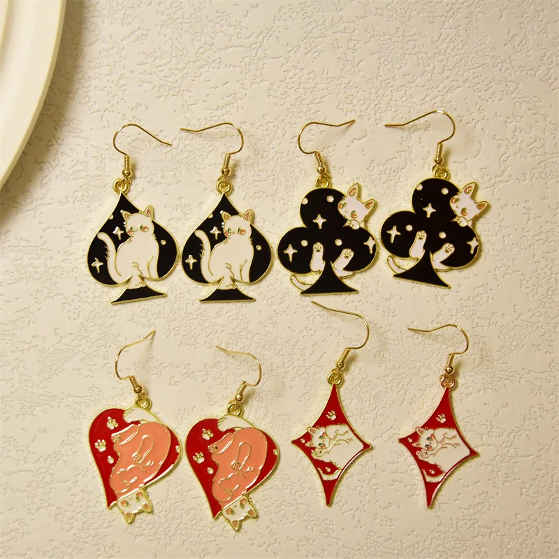 Creative Cartoon Spades Plum Blossom Cat Enamel Earring For Women Play Card Square Alloy Ear Pendant Trendy Charm Jewelry Gifts