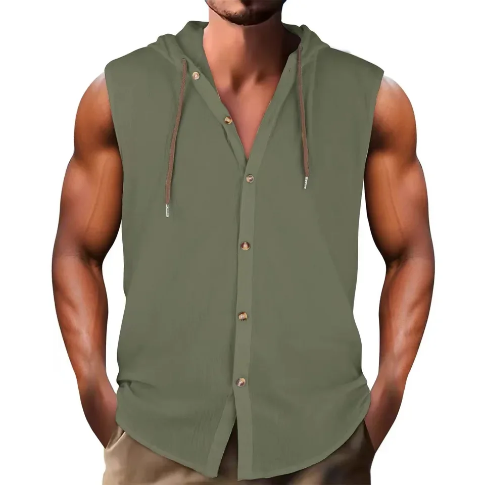 2025 American European Summer New Fashion Men's Solid Color Casual Trendy Cotton Linen Sleeveless Hooded Breathable Vests Male