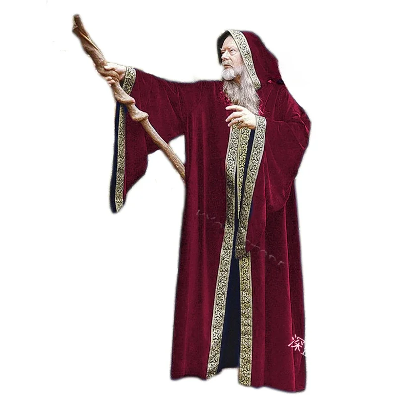 Halloween Costume Medieval Cape Cloak Adult Hooded Death Vampire Wizard Monk Witch Costume Priest Pastor Gown Robe