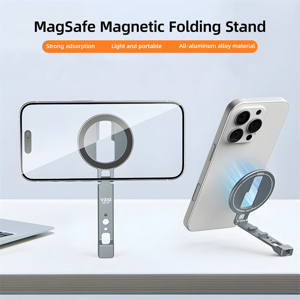 

VRIG Upgrade Folding Magnetic Phone Holder Desktop Tripod Mount w Dual ColdShoe/1/4" for iPhone 17 -12 Android Mic Light Tripod