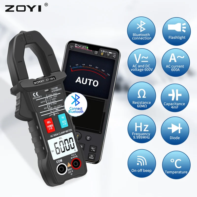 Zoyi-デジタル電流計,Bluetooth接続,マルチメーター,電流計,AC, DC,電圧計,電流計,自動範囲テスター,ZT-5BQ