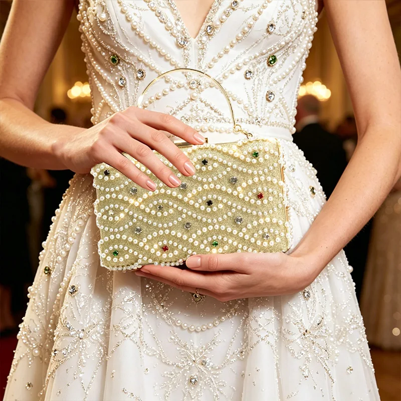 2026 Luxury Sparkly Colorful Diamond Beading Women's Evening Bag High End Party Pearl Clutch Handbag Wedding Dress Crossbody Bag