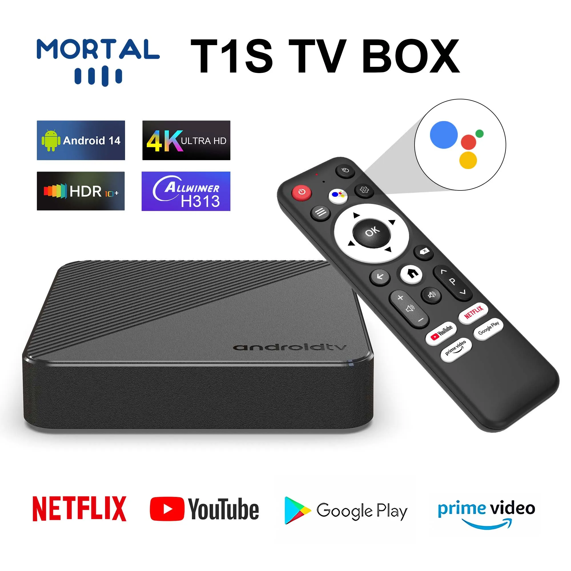 Global Version Android14 TV Box T1S Youtube Google Voice Assistant Allwinner H313 Dual 2.4G&5G Wifi Multi Language Media Player