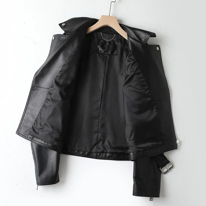 Manteau en cuir de mouton véritable pour femme, veste de moto décontractée, fermeture à glissière à revers, tout match, E34, nouveau, 2024