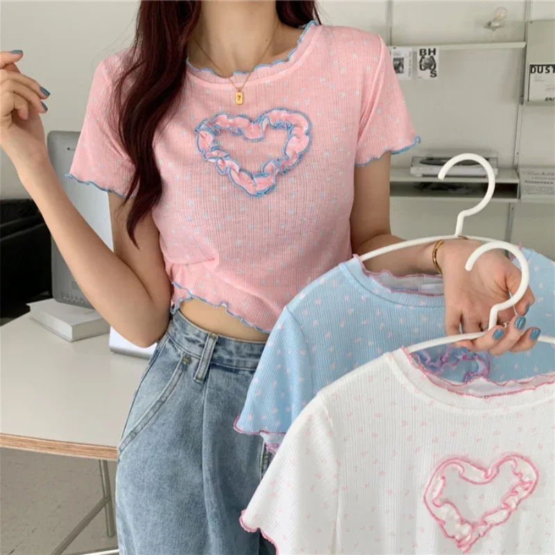 Women Korean Chic Polka Dot Printed Slim Fit T-shirts Girlish Style Cute Heart-shape Short Sleeve Crop Tops Female Casual Tees