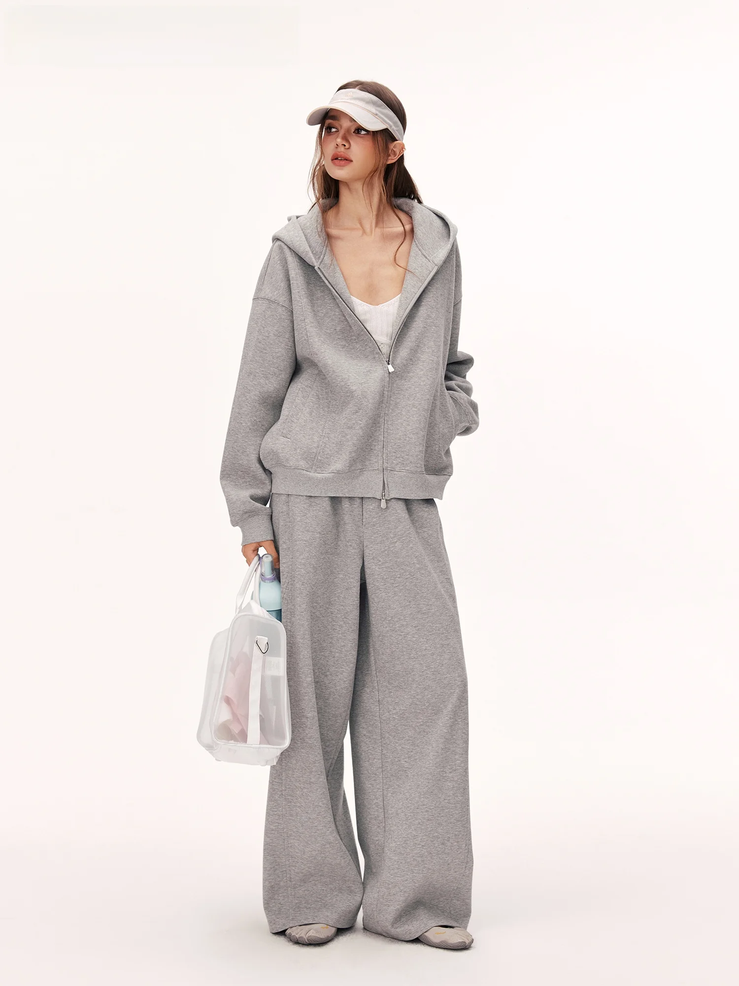 Women's Zipper Cardigan Hoodie Jacket Loose Feel Two-Piece Set Casual Sporty Pants Cotton Anti-Wrinkle Autumn Wear