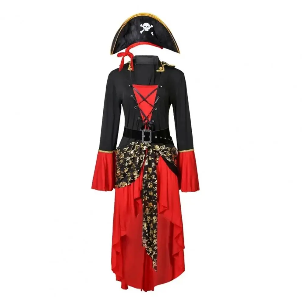 Halloween Witch Dress Pirate Queen Halloween Cosplay Dress with Bell Sleeves Lace-up Strap Belted Waist for Dance Parties Stage