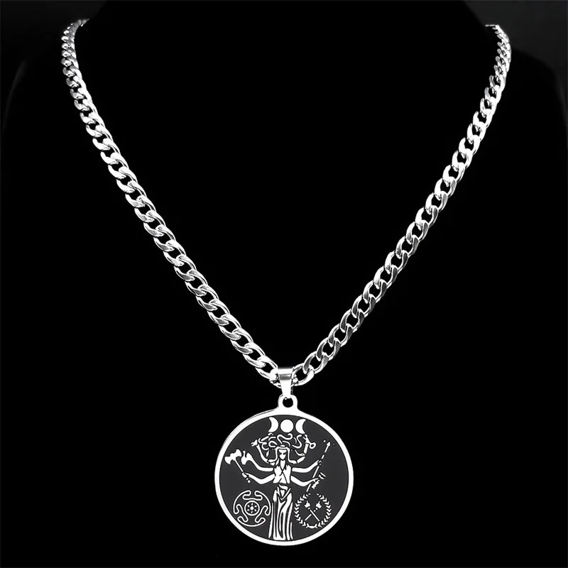 

HECATE Triple Moon Round Pendant Necklace Chain for Women Men Stainless Steel Silver Color Wicca Necklaces Jewelry Gift N9611S05