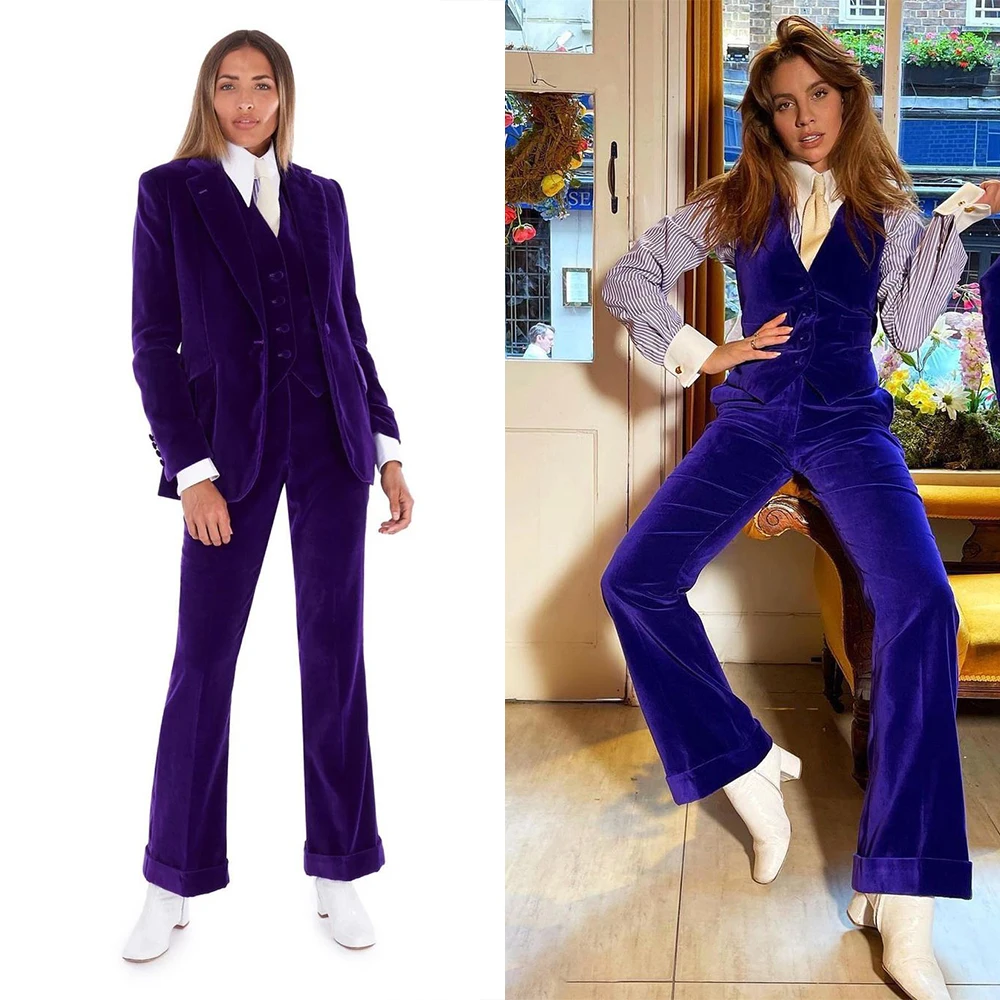 Purple Velvet Women Pants Sets Leisure Office Lady Oversize Blazer Trousers Wedding Wear 3 Pieces