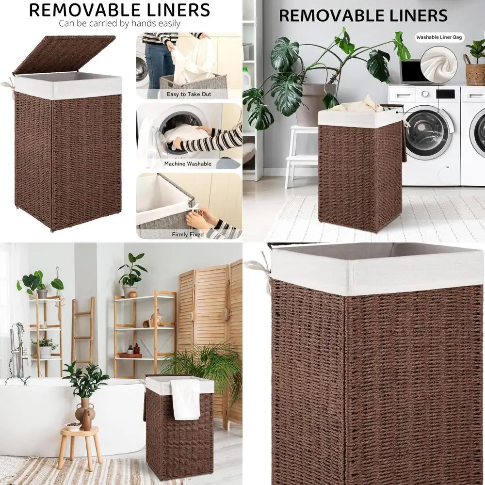 

Foldable Wicker Hamper with Lid and Removable Liner, 17.2 Gallon Capacity, Brown Laundry Basket with Handles for Bedroom