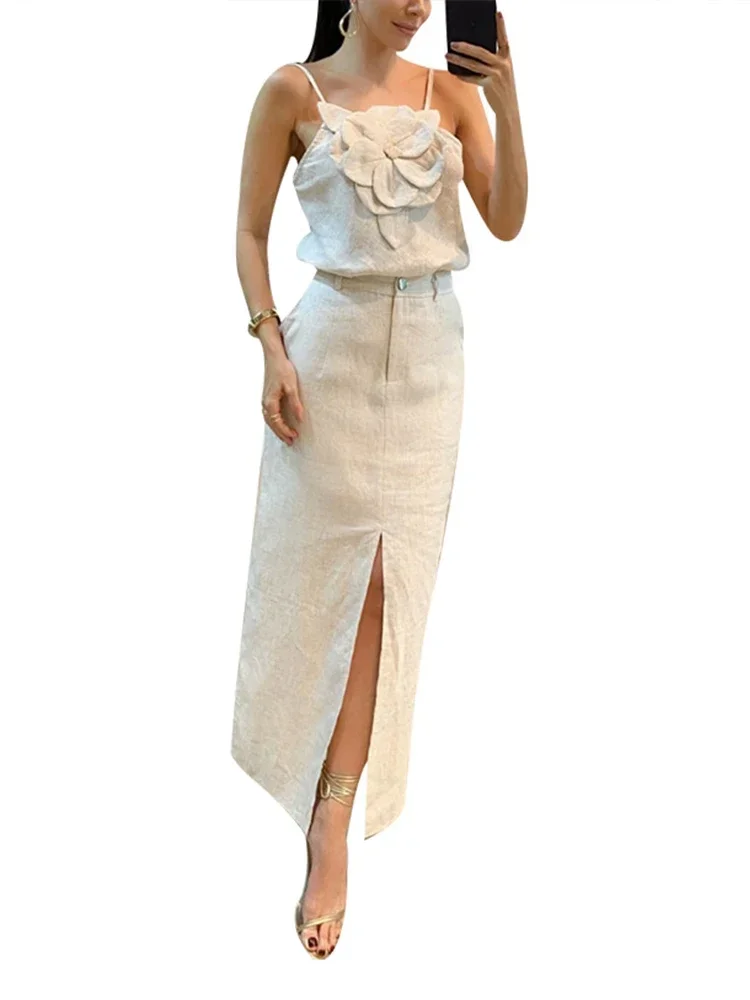 Cotton Linen 3D Flower Skirt Sets Women Off Shoulder Backless Sling Top High Waist Split Skirt 2024 Summer Casual Lady Outfits
