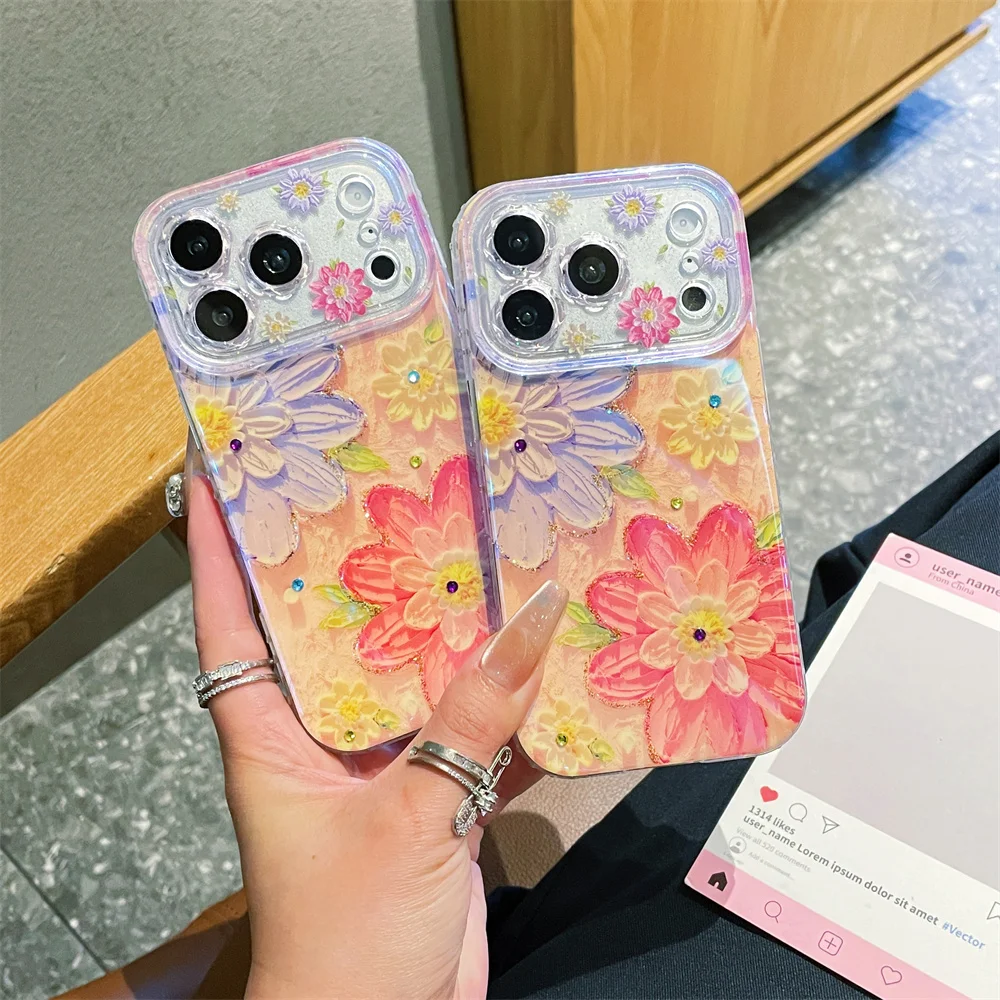 

for iPhone 17 Pro Max Luxury Glossy Cream Floral Printed Phone Case for iPhone 16 15 14 13 Glitter Diamond Edge Phone Cover